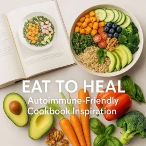 Open cookbook and colorful anti-inflammatory food bowl with fresh vegetables, avocado, carrots, walnuts, and healing ingredients for autoimmune-friendly lifestyle